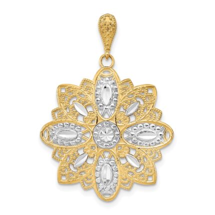 14K and White Rhodium Diamond-cut and Filigree Flower Charm