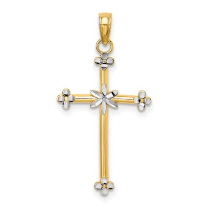 14k and White Rhodium Thin Diamond-cut Cross Charm