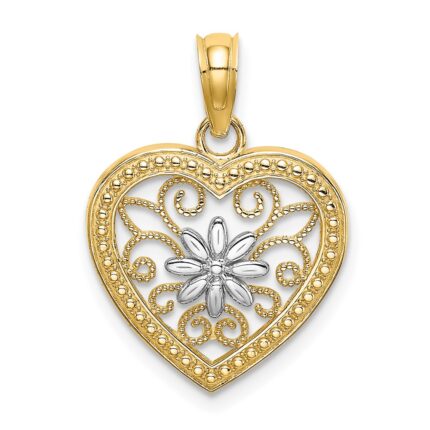 14k and White Rhodium Textured Flower Filigree Heart Charm
