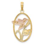 14k Two-tone with White Rhodium Hummingbird and Flowers In Oval Frame Charm - Image 4