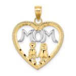 14k with White Rhodium MOM Heart with 2 Kids Charm