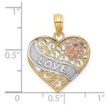 14k Two-tone with White Rhodium LOVE Banner on Filigree Heart Charm - Image 3