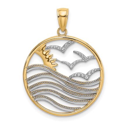 14k and White Rhodium Sunset and Seagulls In Circle Pendant
