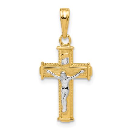 14K and White Rhodium Polished Block INRI Crucifix Charm
