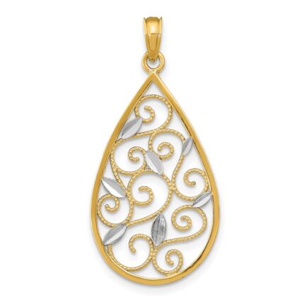 14k and White Rhodium Beaded Filigree Diamond-cut Teardrop Charm