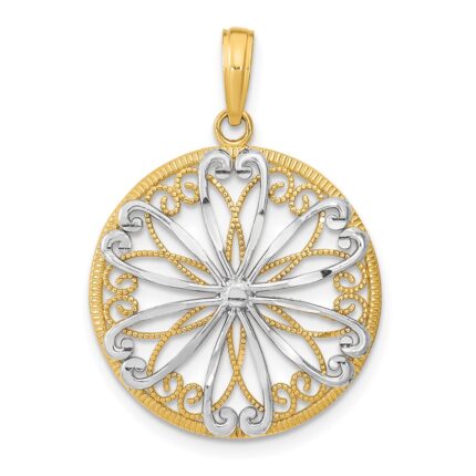 14K and White Rhodium Filigree Center Round Charm