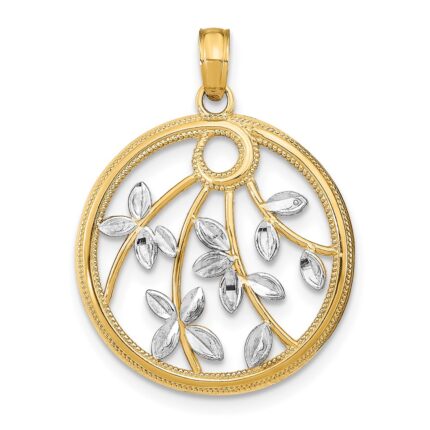 14K and White Rhodium Leaves in Round Frame Charm