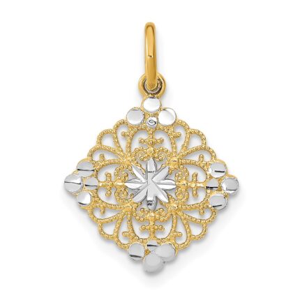 14K and White Rhodium and Diamond-cut Filigree Medallion Charm