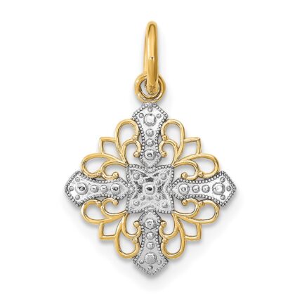 14K and White Rhodium Diamond-cut Filigree Medallion Charm