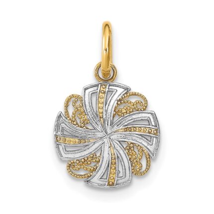 14K and White Rhodium Diamond-cut Mini Pinwheel Medallion Charm