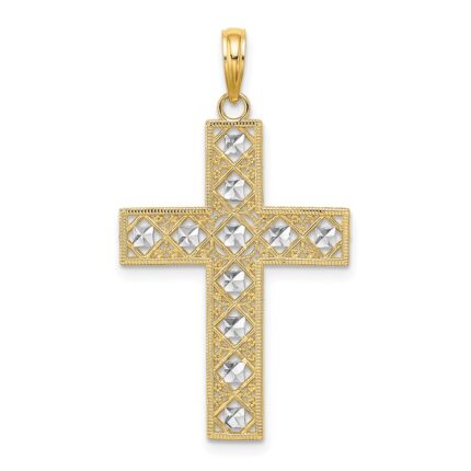 14K and White Rhodium Diamond-cut and Cut-Out Cross Charm