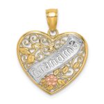 14k Two-tone with White Rhodium GRANDMA In Filigree Heart with Flowers Charm