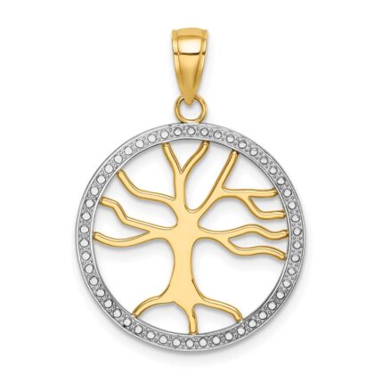 14k and White Rhodium Large Tree of Life Round Frame Charm