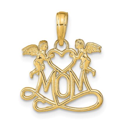 14K Polished MOM with Heart and Angels Pendant
