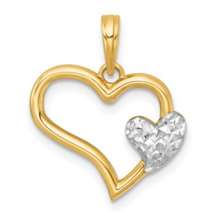 14k with White Rhodium Polished Heart Shape with Mini Heart Pendant
