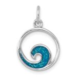 Sterling Silver Rhodium-plated Polished Enameled Wave Pendant