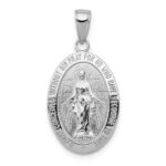 14k White Gold Polished and Satin Solid Miraculous Medal Oval Pendant