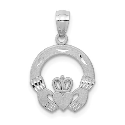 14k White Gold Solid Diamond-cut Claddagh Pendant