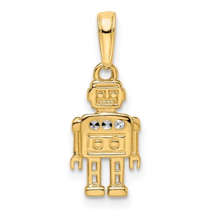 14k and White Rhodium Diamond-cut Robot Pendant