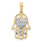 14k and White Rhodium Diamond-cut Heart Hamsa Pendant