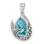 Sterling Silver Rhodium-Plated Polished & Antiqued Crystal Mermaid Tail Pendant - Image 4