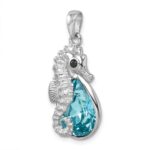 Sterling Silver Rhodium-plated Polished Crystal Background Seahorse Pendant - Image 4