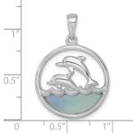 Sterling Silver Rhodium-plated Polished Round Blue Agate Double Dolphin Pendant - Image 5