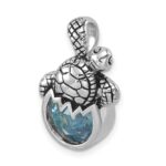 Sterling Silver Rhodium-Plated Antiqued Crystal Hatching Turtle Pendant - Image 4