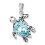 Sterling Silver Rhodium-plated Antiqued Blue Crystal Turtle Pendant - Image 4