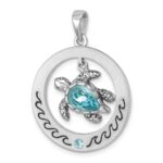 Sterling Silver Rhodium-plated Antiqued Round Moveable Crystal Turtle Pendant - Image 4