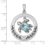 Sterling Silver Rhodium-plated Antiqued Round Moveable Crystal Turtle Pendant - Image 5