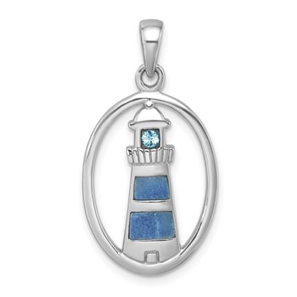 Sterling Silver Rhodium-Plated Polished Oval Adventurine and CZ Lighthouse Pendant