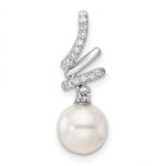 14K White Gold Polished 1/10 carat Diamond and White Freshwater Cultured Pearl Chain Slide