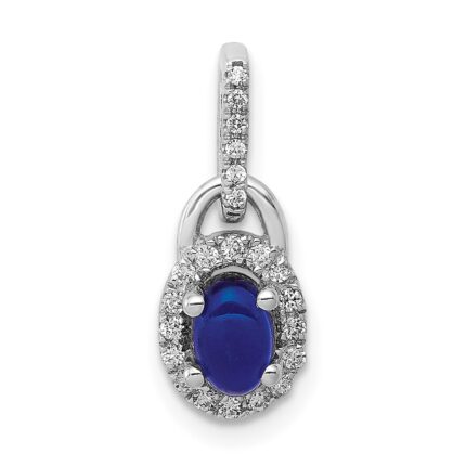 14k White Gold Diamond and Oval Cabochon Sapphire Halo Pendant