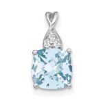 14k White Gold 7mm Cushion Checkerboard March/Aquamarine and Diamond Pendant