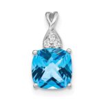 14k White Gold 7mm Cushion Checkerboard December/Blue Topaz and Diamond Pendant