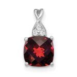 14k White Gold 7mm Cushion Checkerboard January/Garnet and Diamond Pendant