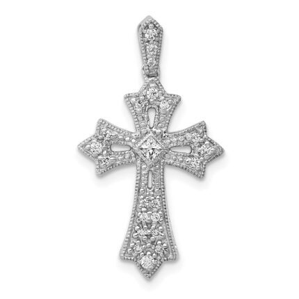 14k White Gold 1/6 carat Diamond Fleur de Lis Cross Pendant
