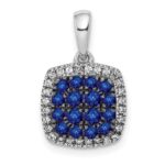 14k White Gold with Black Rhodium Diamond and Sapphire Cluster Square Halo Pendant