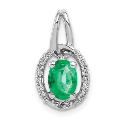 14k White Gold Diamond and Oval Emerald Halo Pendant