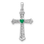 14k White Gold 1/5 carat Lab Grown Diamond VS/SI+ G+ and Lab Created Emerald Complete Cross Pendant