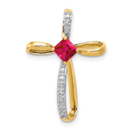 14k and White Rhodium 4mm Square Lab Created Ruby and Diamond Cross Omega Slide