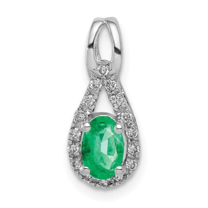 14k White Gold Diamond and Oval Emerald Teardrop Halo Pendant