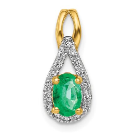 14k Diamond and Oval Emerald Teardrop Halo Pendant