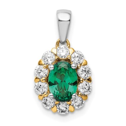 14k Two-Tone 1/2 carat Lab Grown Diamond VS/SI+ G+ and Lab Created Emerald Halo Pendant