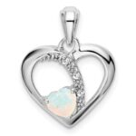 14k White Gold Lab Created Opal and Diamond Heart Pendant