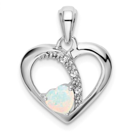 14k White Gold Lab Created Opal and Diamond Heart Pendant
