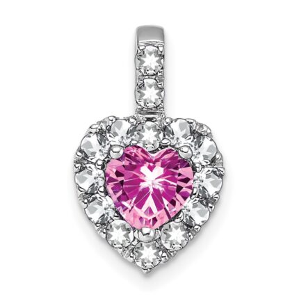 14k White Gold Lab Created Pink Sapphire and White Topaz Halo Heart Pendant