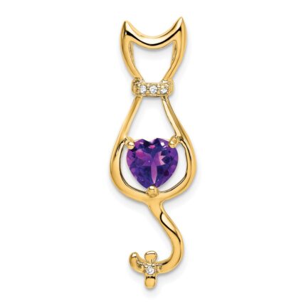 14k 6mm Heart Amethyst and Diamond Cat Chain Slide