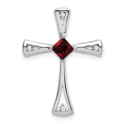 14k White Gold 4mm Square Garnet and Diamond Cross Chain Slide